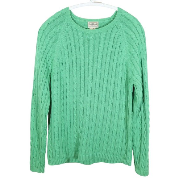 LL BEAN Green Cable Knit Raglan Sleeve Crew Neck Pullover Size L 100% Cotton - Picture 1 of 5